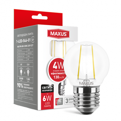Лампа светодиодная филаментная MAXUS, G45, 4W, яркий свет,E27 (1-LED-546-01) 1-LED-546-01 фото