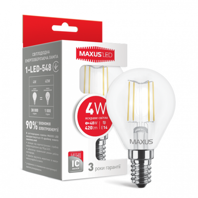 Лампа світлодіодна філаментна MAXUS, G45, 4W, яскраве світло, E14 (1-LED-548) 1-LED-548 фото