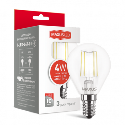 Лампа светодиодная филаментная MAXUS, G45, 4W, теплый свет,E14 (1-LED-547-01) 1-LED-547-01 фото